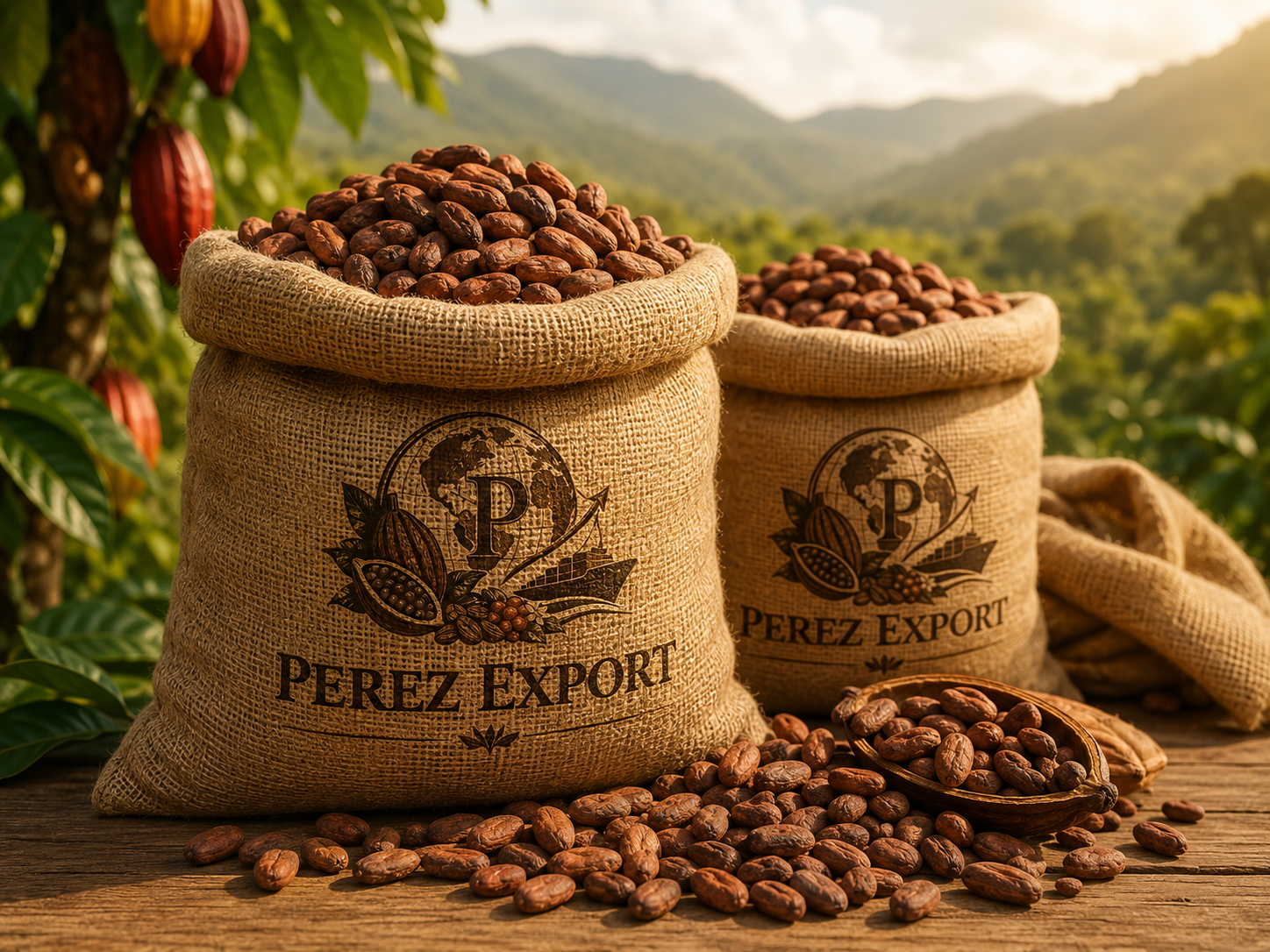 Cacao en grano seco almacenado en sacos de yute
